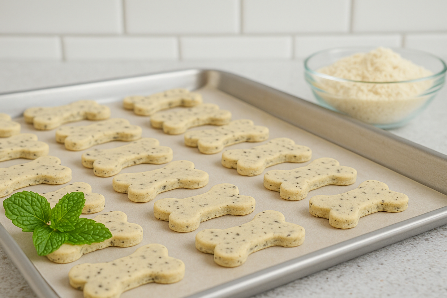 Puppermint Biscuits. Handmade organic holiday dog treats from The Chosen Spot K9 Kitchen on a cookie sheet.