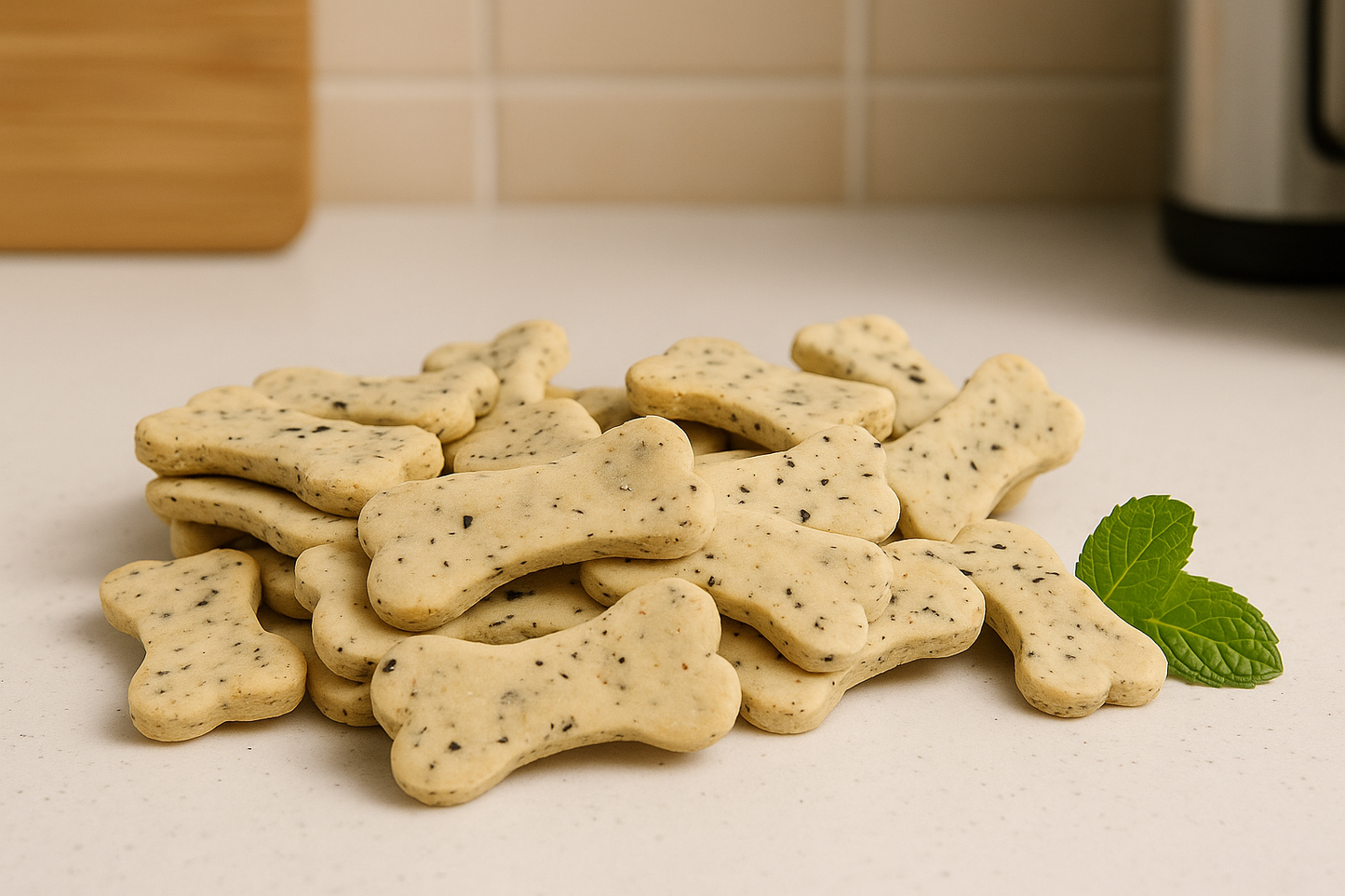 Puppermint Biscuits. Handmade organic holiday dog treats from The Chosen Spot K9 Kitchen. Holiday dog treats in a pile.
