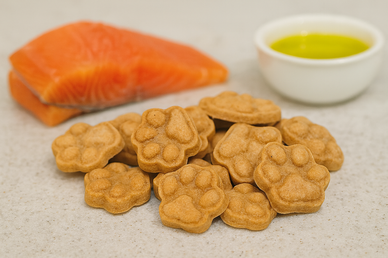 A pile of Salmon Paws handmade organic dog treats from The Chosen Spot K9 Kitchen on a white background with olive oil and pieces of salmon nearby.