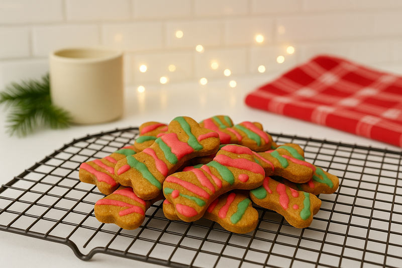 Santa's Dipped Peanut Butter Bones. Handmadeorganic dog treats from The Chosen Spot K9 Kitchen on a cooling rack.