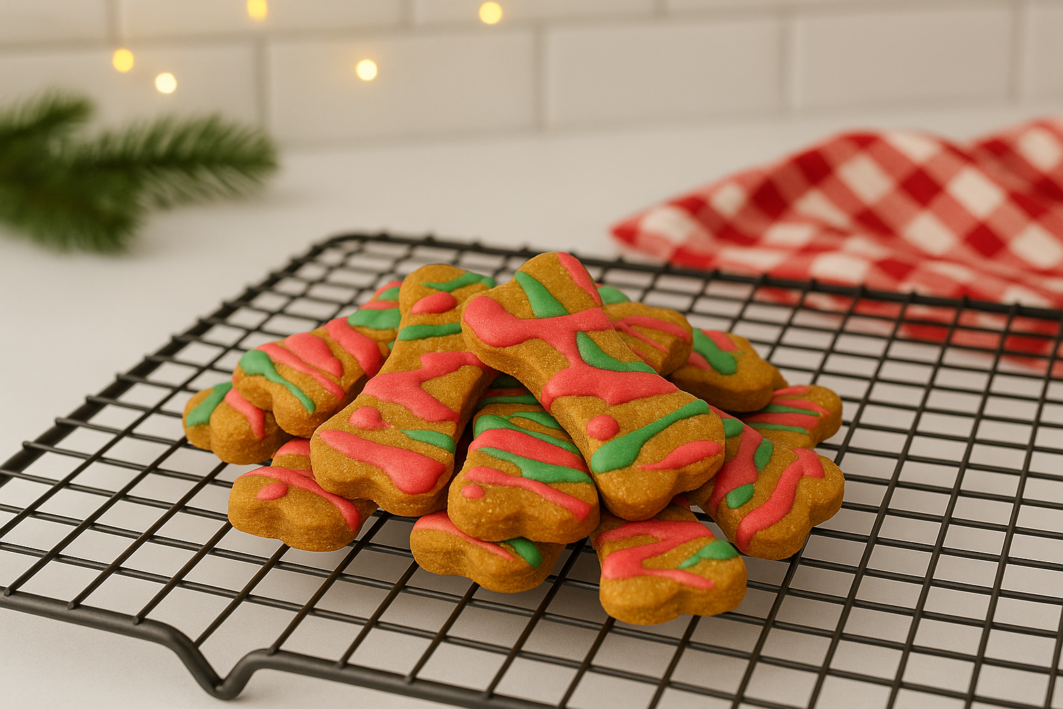 Santa's Dipped Peanut Butter Bones. Handmadeorganic dog treats from The Chosen Spot K9 Kitchen on a cooling rack.