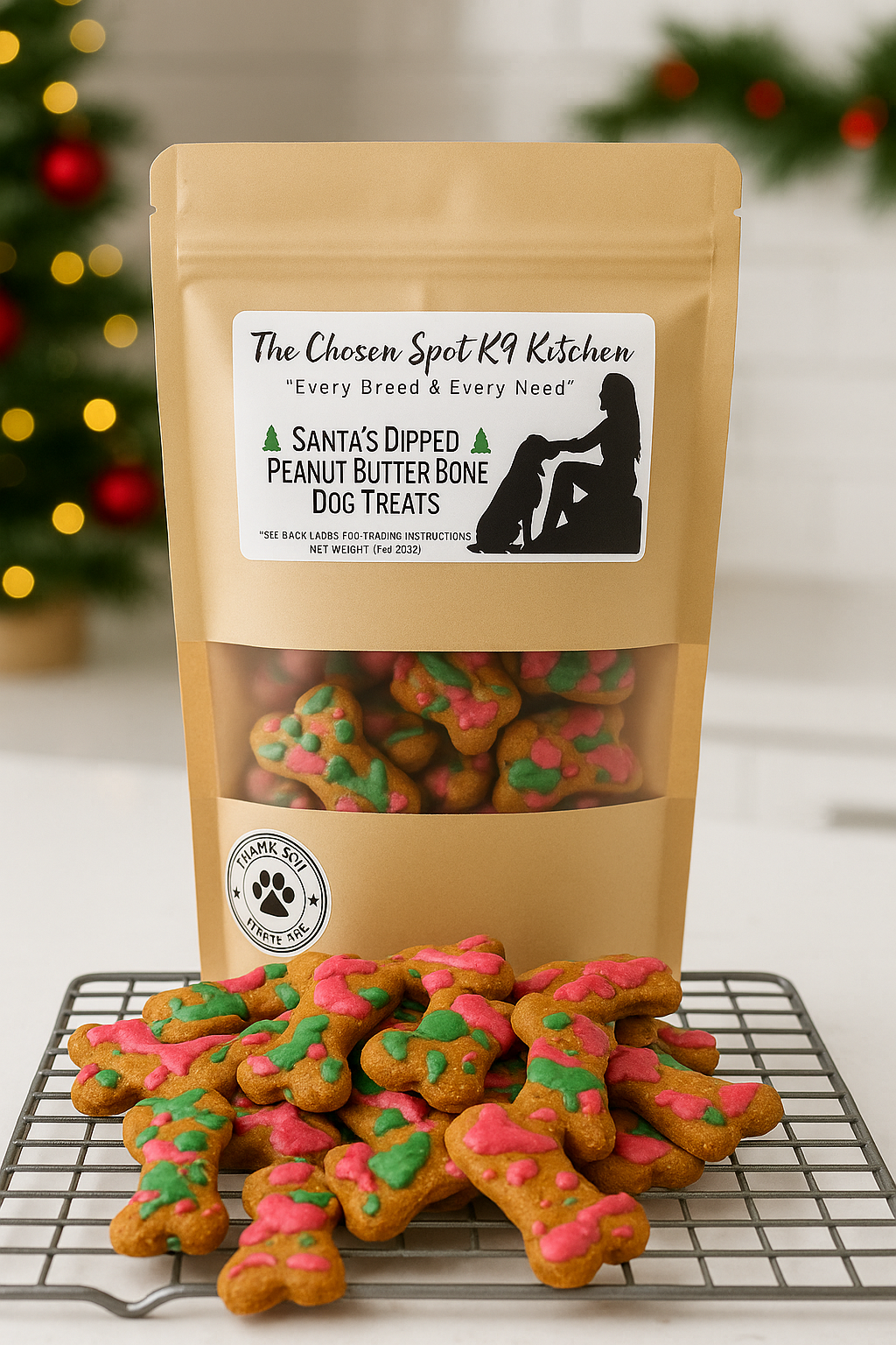 Santa's Dipped Peanut Butter Bones. Handmadeorganic dog treats from The Chosen Spot K9 Kitchen on a cooling rack.