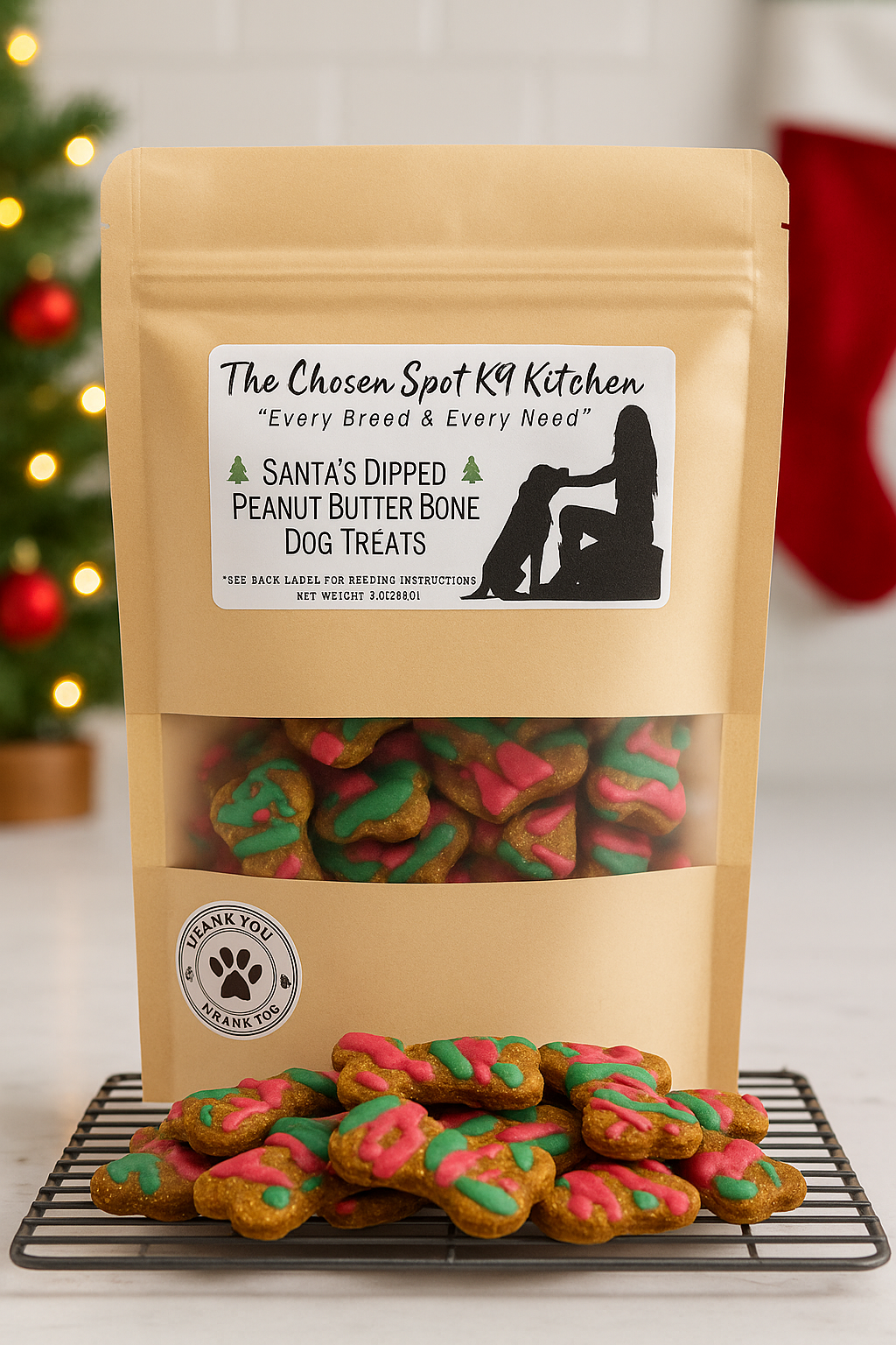 Package of Santa's Dipped Peanut Butter Bones. Handmade organic dog treats from The Chosen Spot K9 Kitchen up close on a white background.