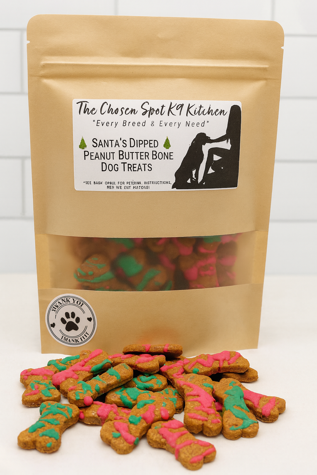 Package of Santa's Dipped Peanut Butter Bones from The Chosen Spot K9 Kitchen with treats layed out in front of bag.