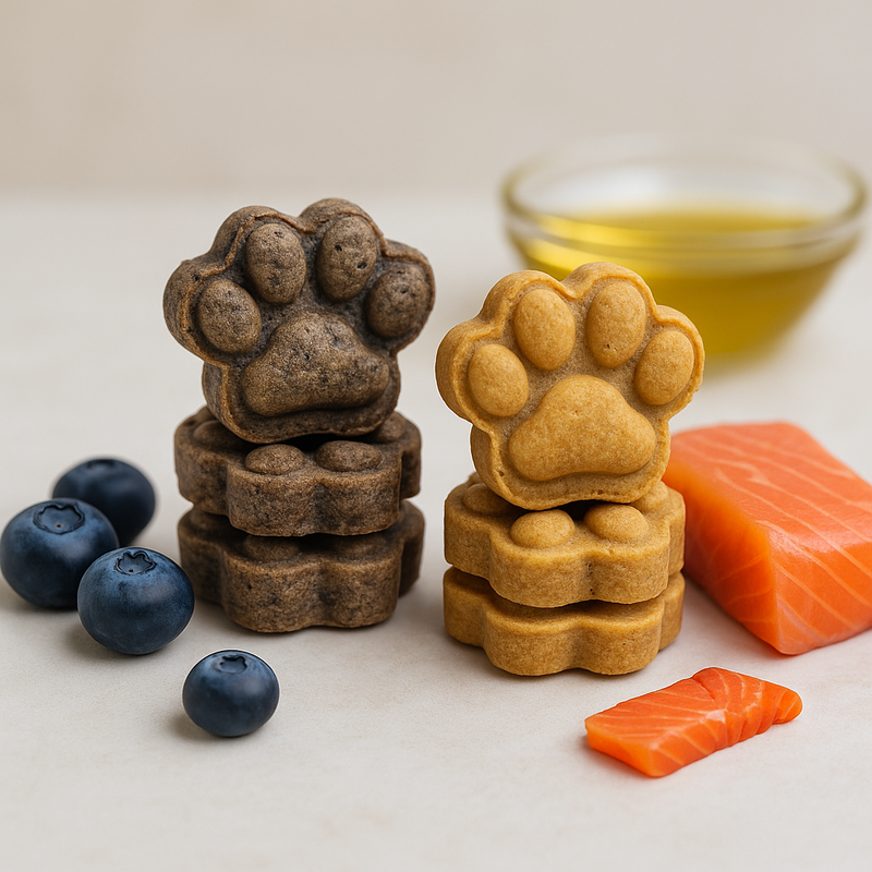 Liver + Blueberry Paws and Salmon Paws handmade organic dog treats from The Chosen Spot K9 Kitchen stacked near organic blueberries and a piece of salmon.