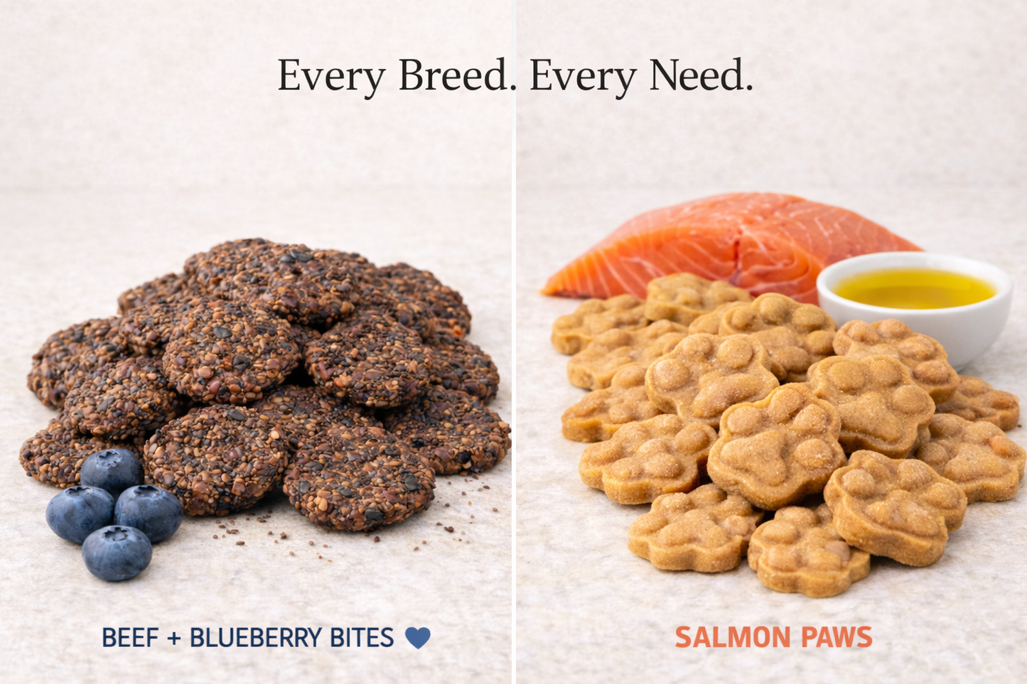 Beef + Blueberry Bites and Salmon Paws handmade organic dog treats from The Chosen Spot K9 Kitchen next to each other with blueberries, salmon and olive oil nearby.
