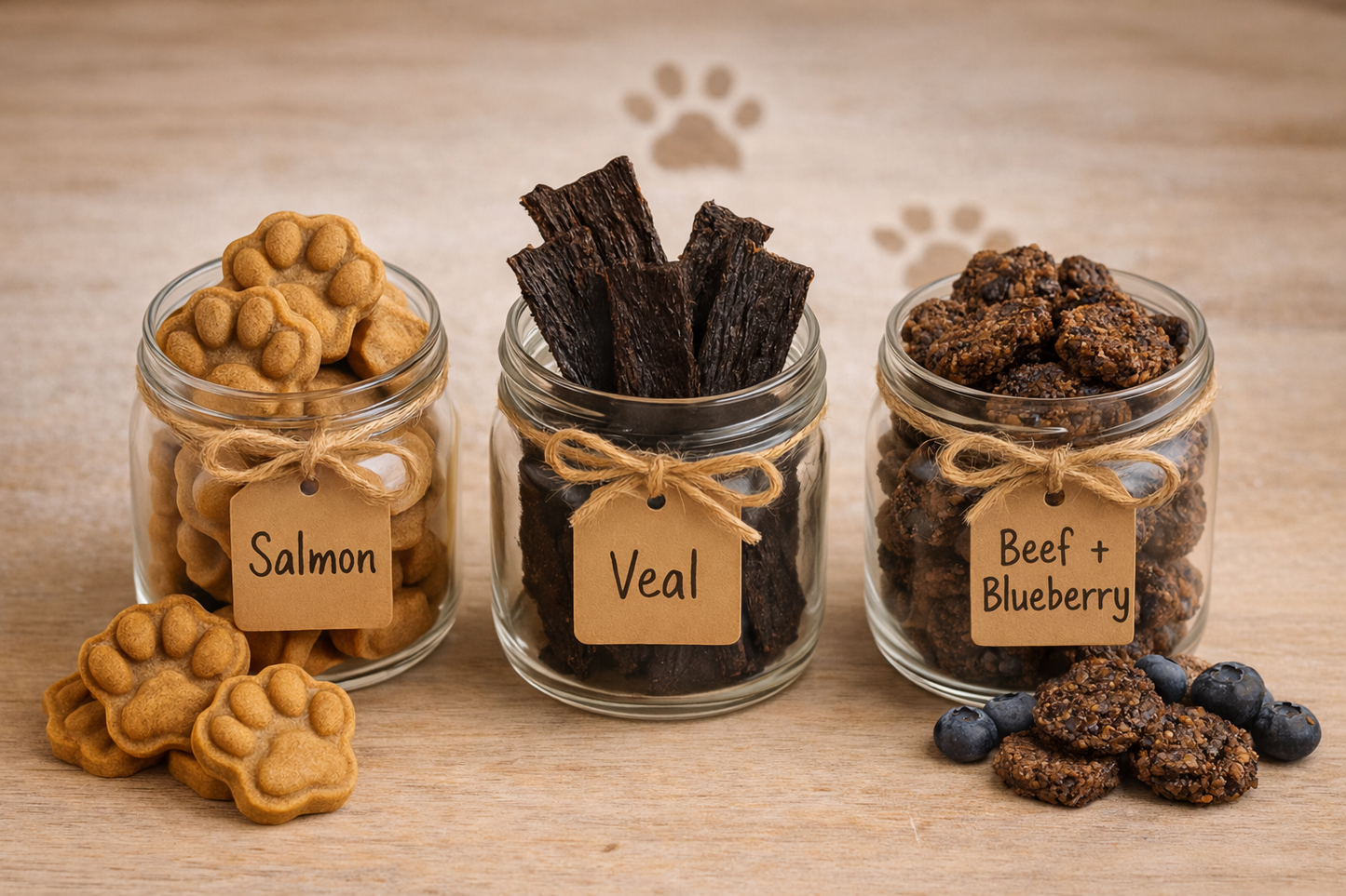 The Training Treats Bundle including Beef + Blueberry Bites, Veal Liver Jerky and Salmon Paws from The Chosen Spot K9 Kitchen in mason jars with labels.