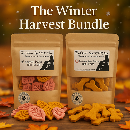 The Winter Harvest Bundle. Handmade organic holiday dog treats from The Chosen Spot K9 Kitchen. Pumpkin Spice Biscuits and Harvest Maple with treats layed out on a wooden table.