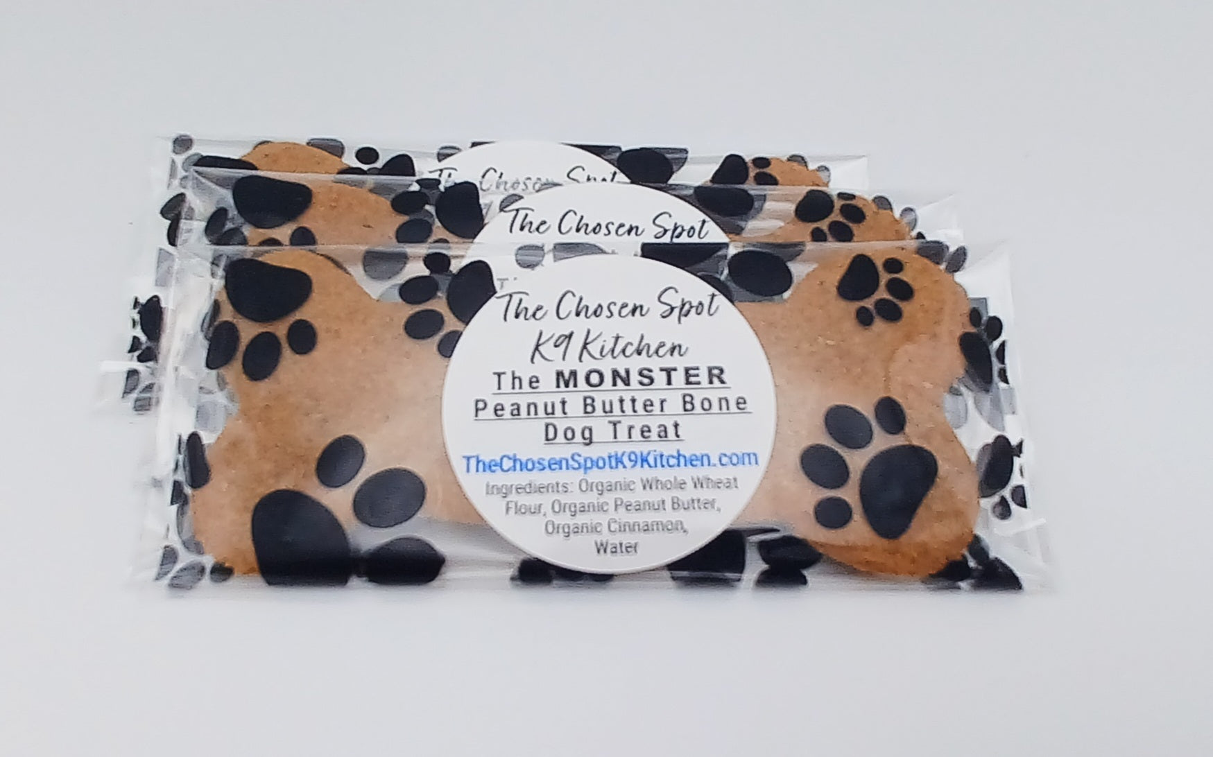 The MONSTER Peanu Butter Bone Organic Dog Treats - FRONT Label