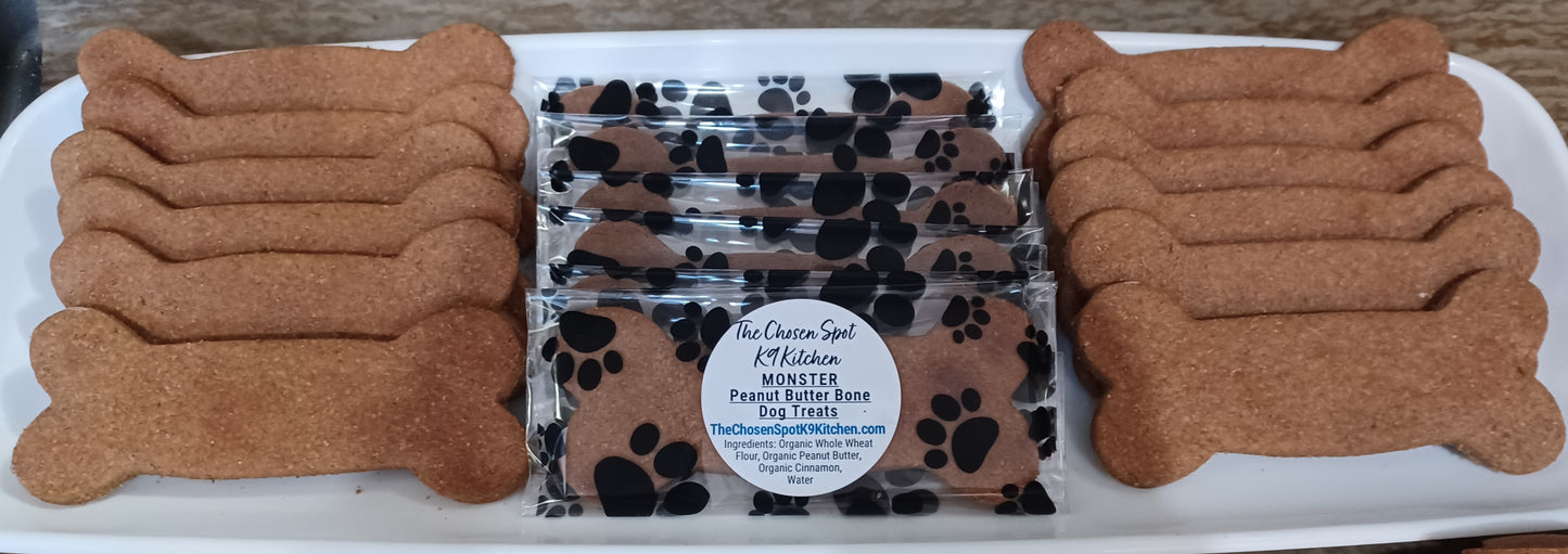 The MONSTER Peanu Butter Bone Organic Dog Treats - FRONT Label with Treats