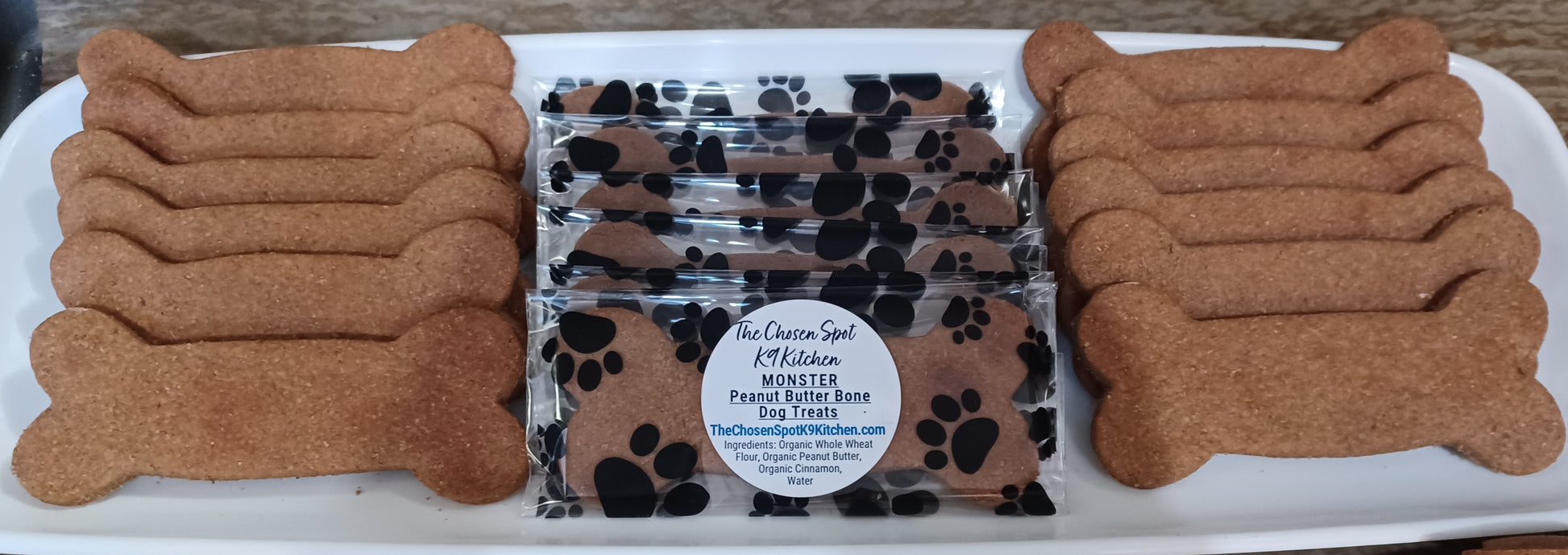 The MONSTER Peanu Butter Bone Organic Dog Treats - FRONT Label with Treats