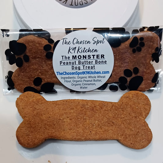 The MONSTER Peanut Butter Bone - Organic Dog Treat - View From The Front inside and outside of package