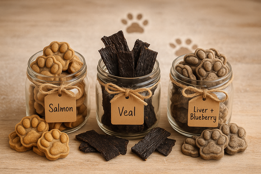 The Training Treats Bundle containing Salmon Paws, Veal Liver Jerky and Liver + Blueberry Paws. Handmade organic high-protein dog treatd from The Chosen Spot K9 Kitchen.