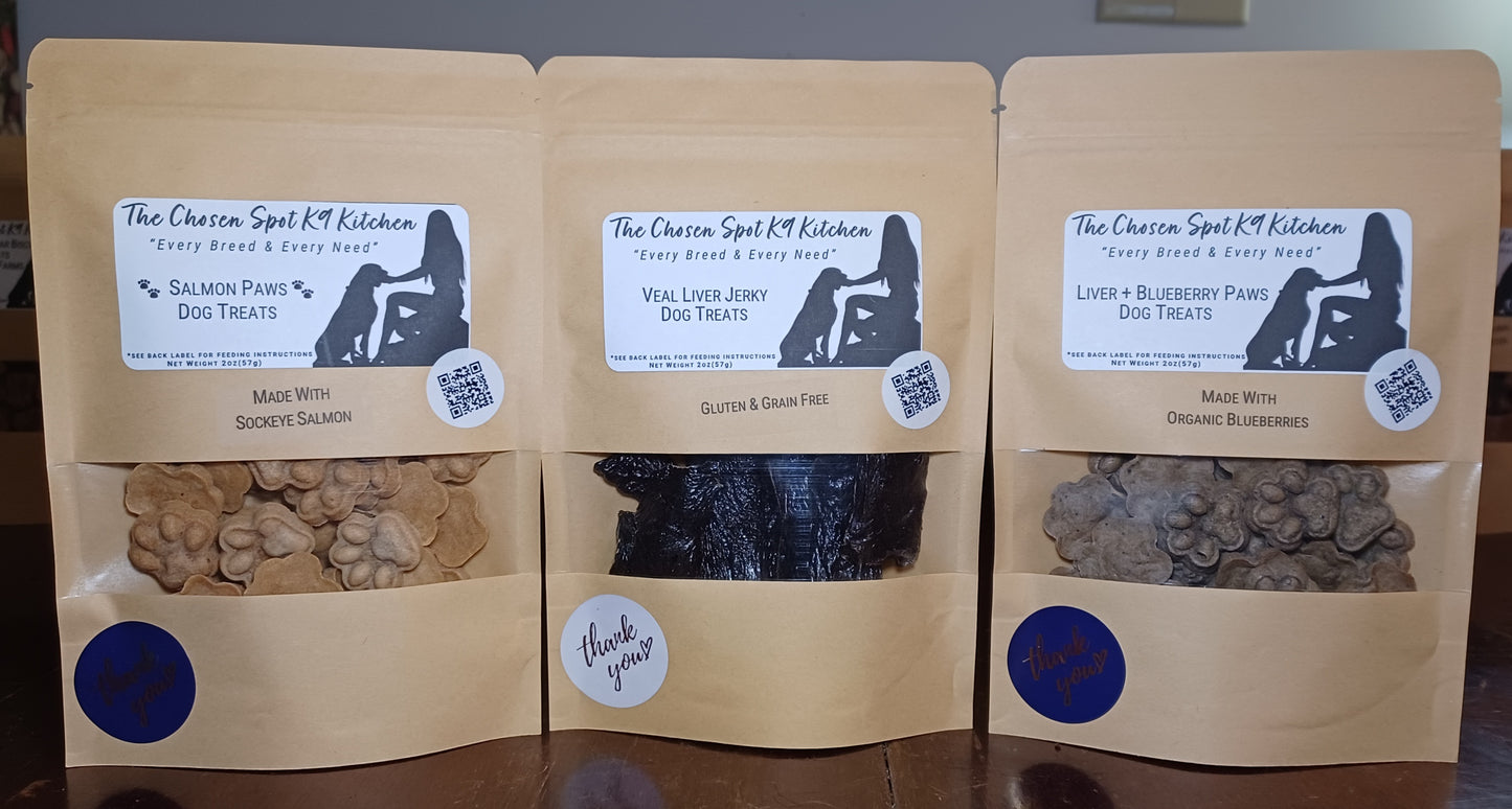 Training Treats Bundle - Picture of Organic Dog Treats - All 3 bags: Salmon Paws Dog Treats, Veal Liver Jerky Dog Treats and Liver + Blueberry Paws Dog Treats