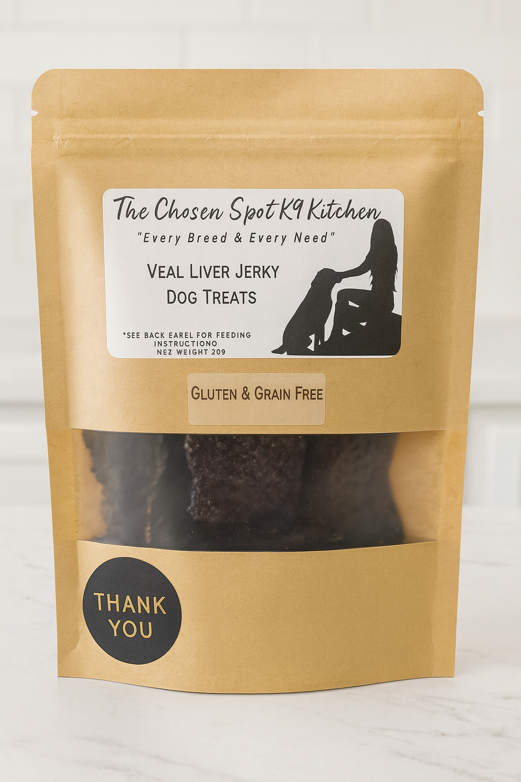 Package of Veal Liver Jerky. Handmade organic Dog Treats from The Chosen Spot K9 Kitchen on a white background