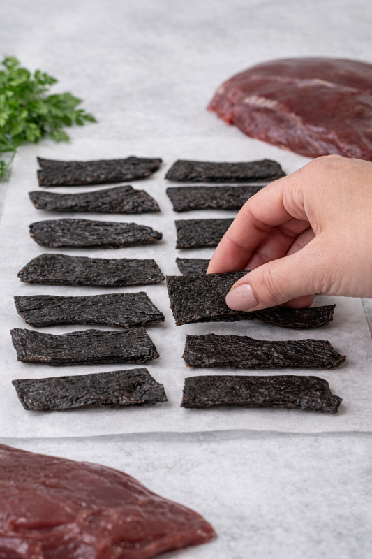 Veal Liver Jerky Handmade organic dog treats from The Chosen Spot K9 Kitchen with a liver in the background.