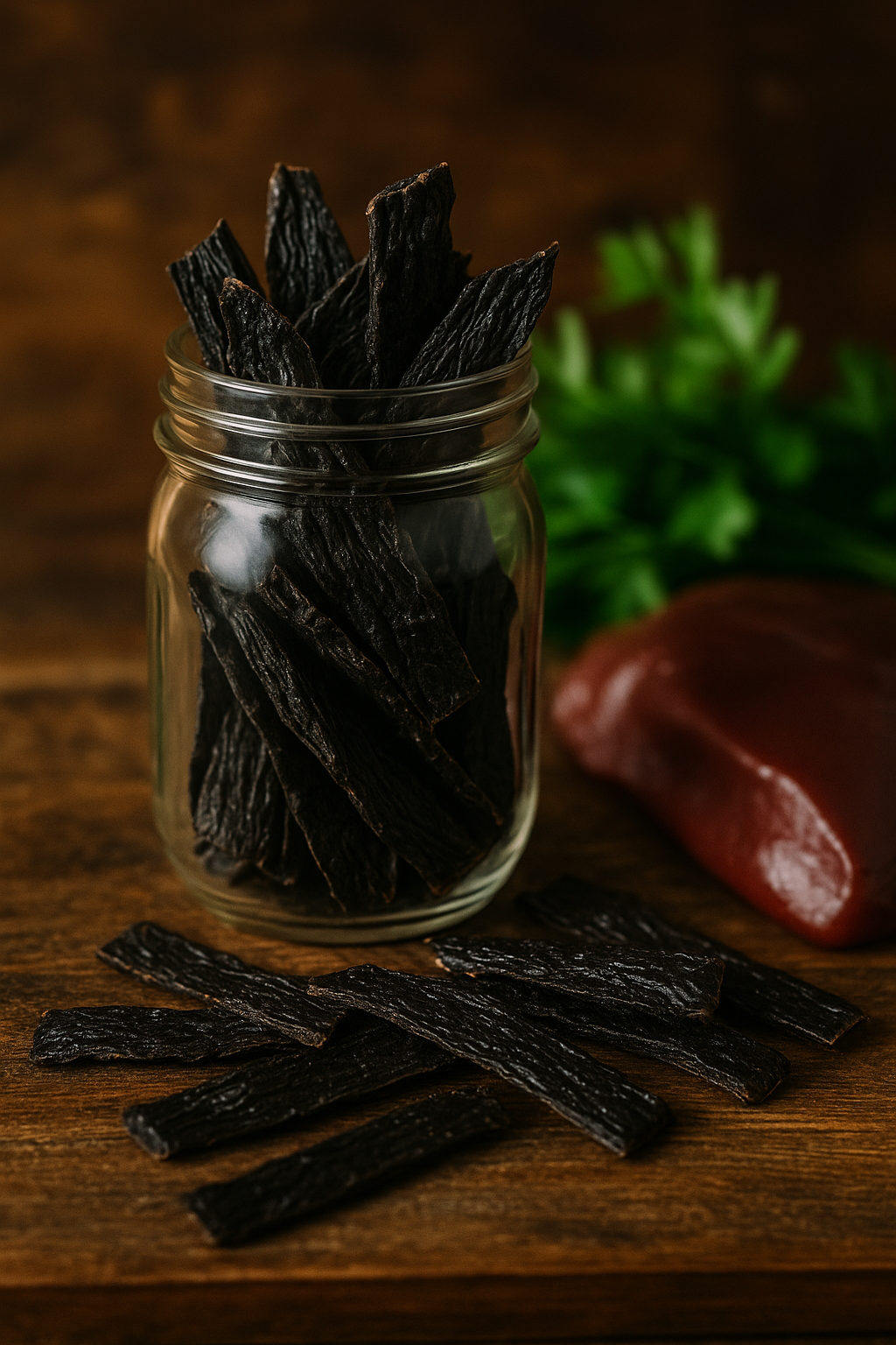 Veal Liver Jerky in a mason jar. Handmade organic dog treats from The Chosen Spot K9 Kitchen with a liver in the background.