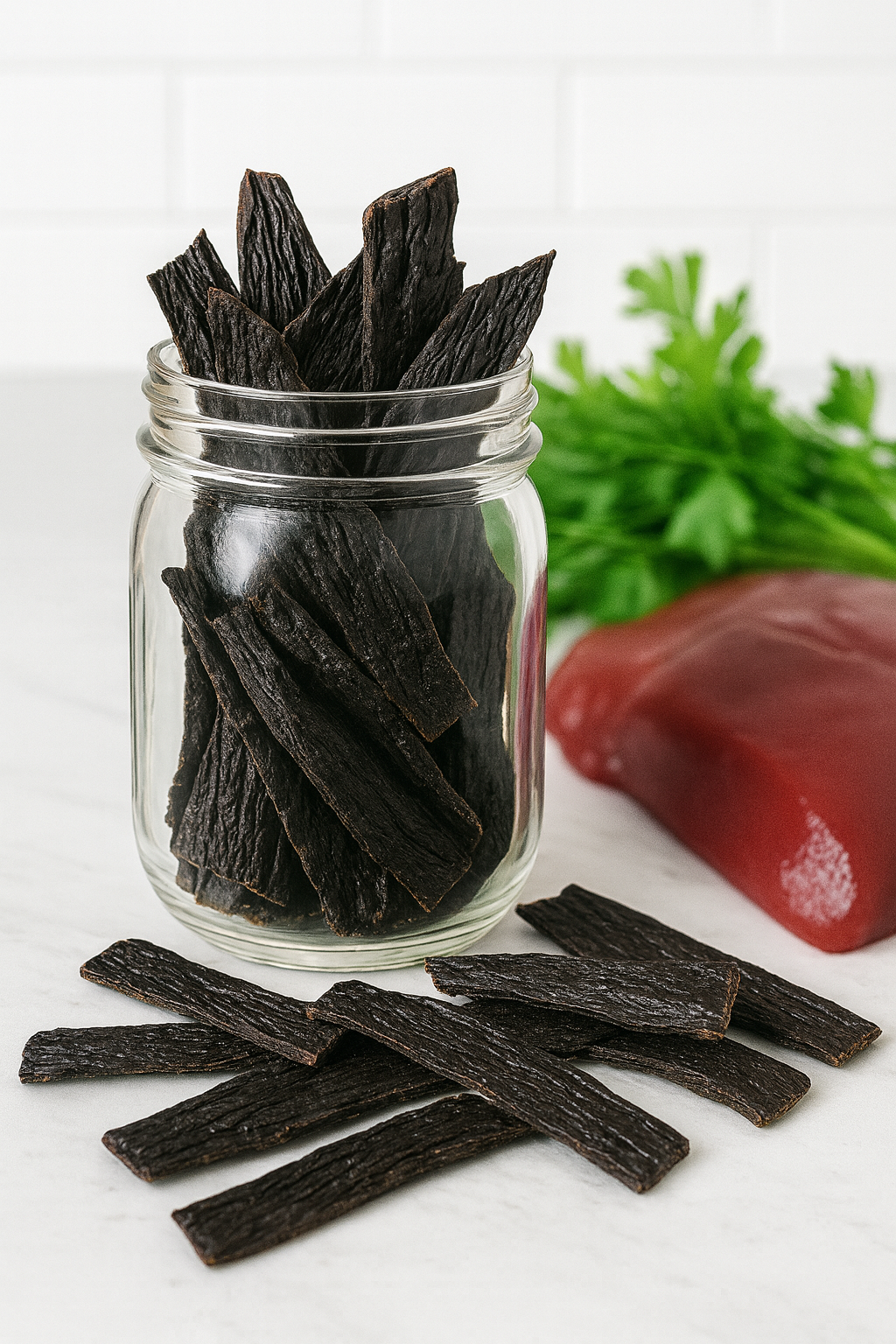 Veal Liver Jerky in a mason jar. Handmade organic dog treats from The Chosen Spot K9 Kitchen with a liver in the background.