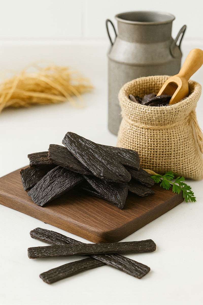 A stack of Veal Liver Jerky handmade organic dog treats from The Chosen Spot K9 Kitchen in Canandaigua, NY.