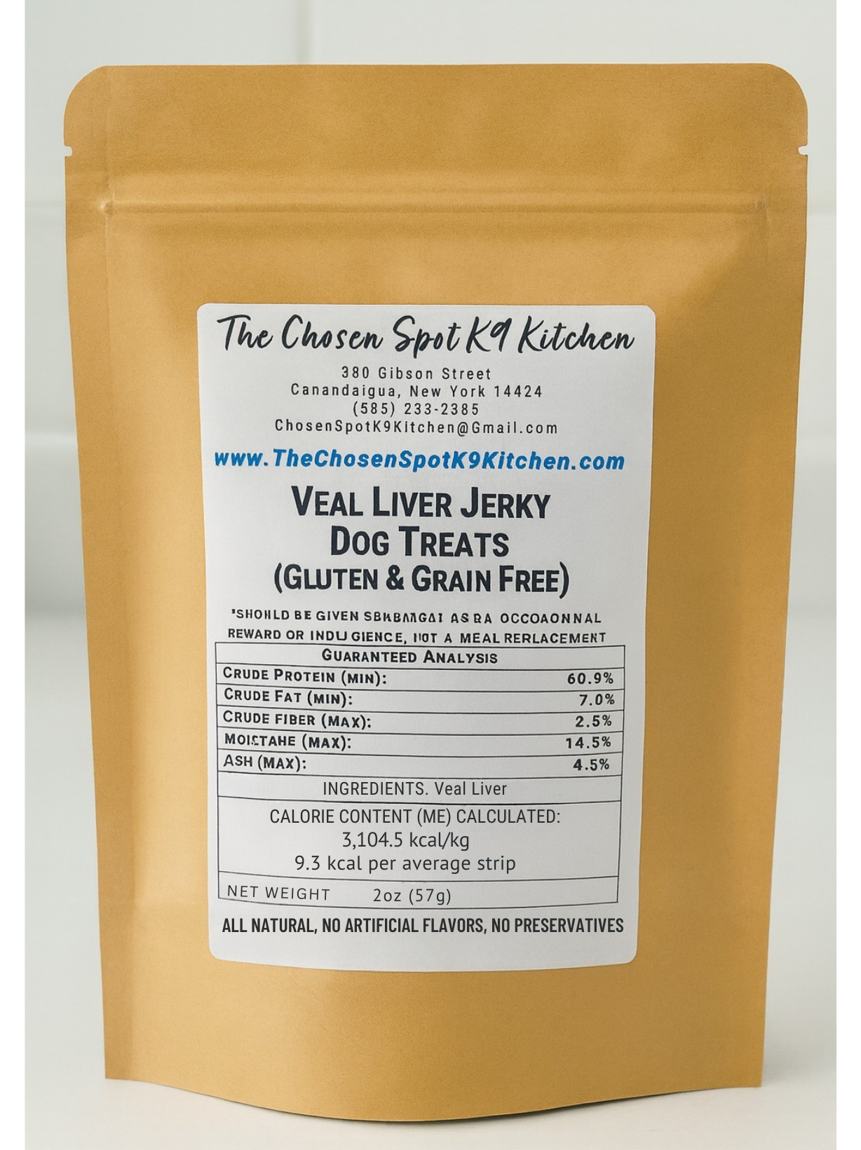 Veal Liver Jerky. Handmade Organic Dog Treats - BACK Label. Includes: Guaranteed Analysis, Ingredients, Calorie Content (ME) Calculated and Net Weight