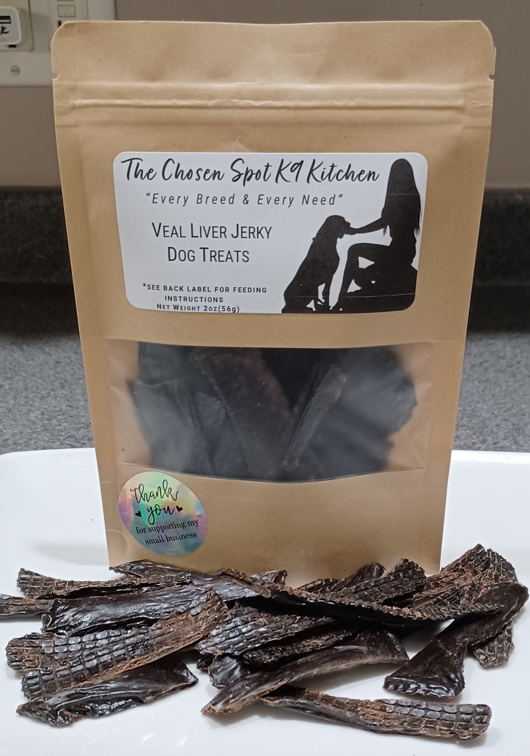 Organic Handmade Dog Treats - Veal Liver Jerky Bag with Jerky in Front